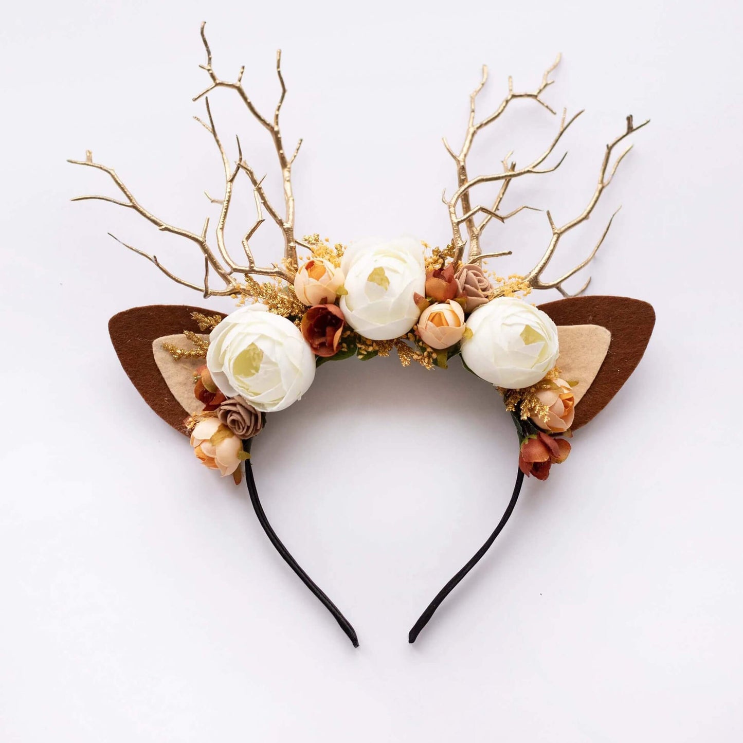 FEELIVE Glowing Simulated Reindeer Antler Cream Rosebud Headband【Free Gift Box】