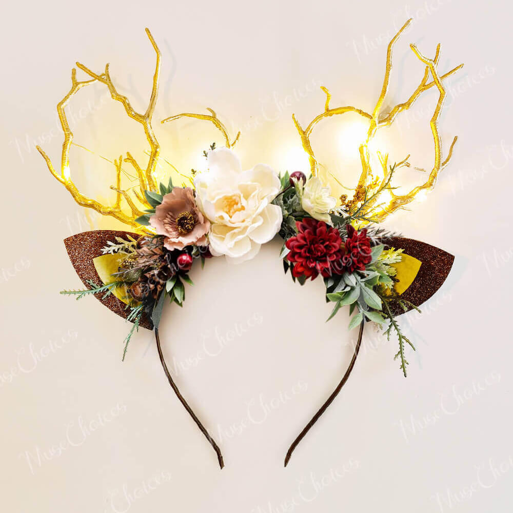 FEELIVE Glowing Simulated Reindeer Antler Faun Flowers Headband【Free Gift Box】