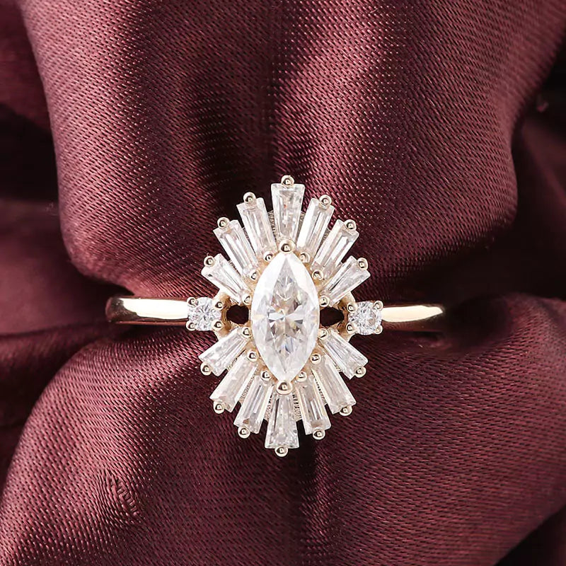 Vintage Style Marquise-cut Moissanite Halo Ring in 10K Gold - Feelive