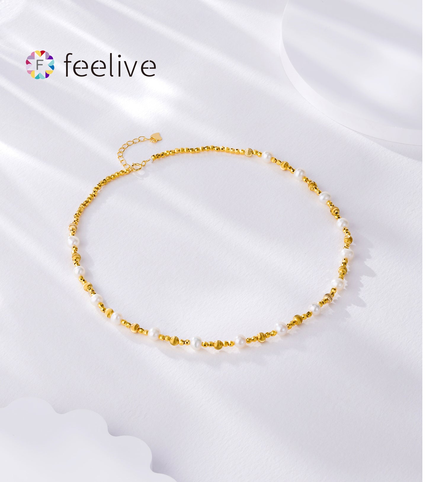 FEELIVE S925 Silver 18K Gold Plated Cat's Eye Beads Alternating Pearl Design Necklace