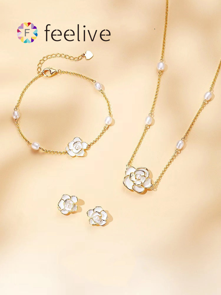 Feelive S925 Silver Camelia Flower Necklace Bracelet and Earrings