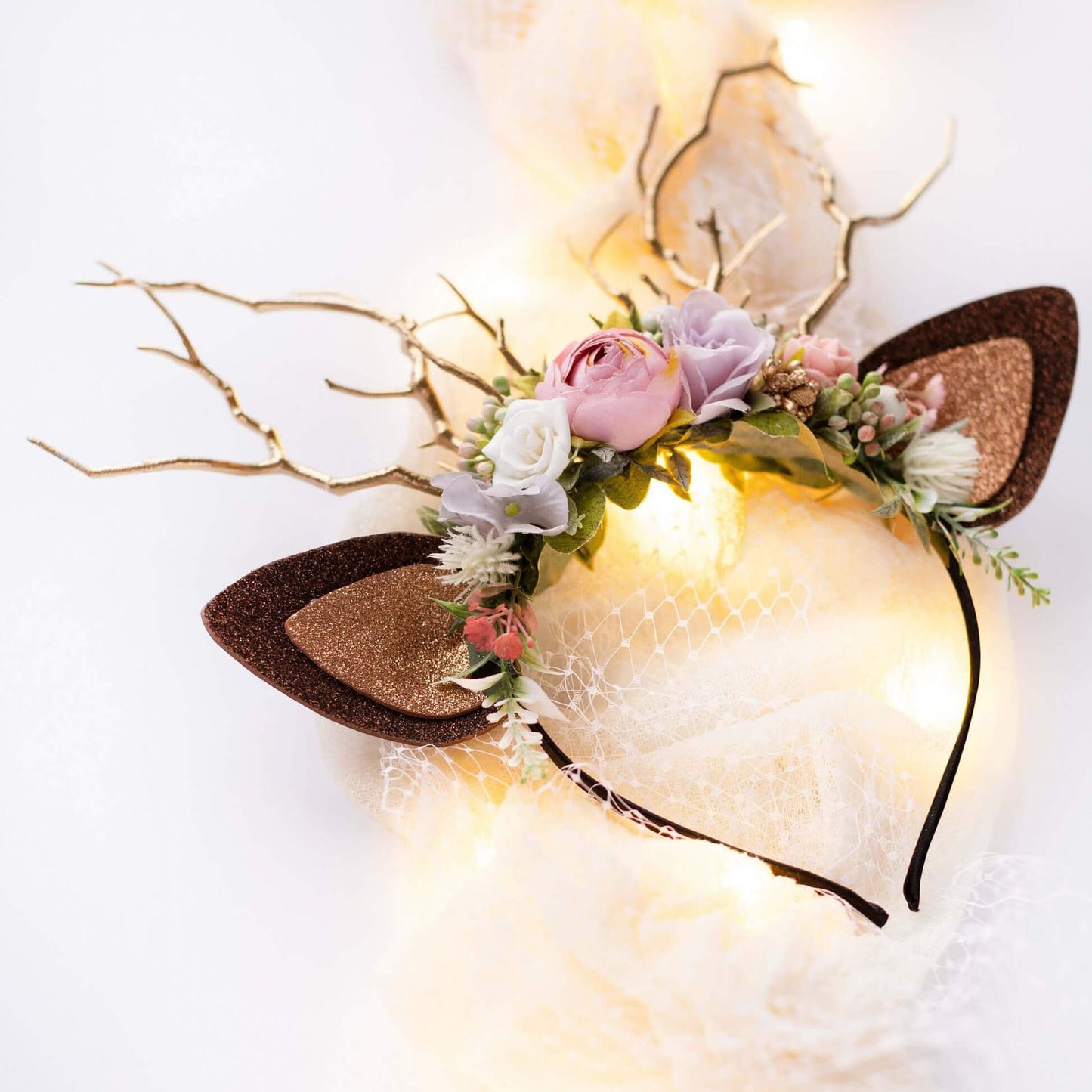 FEELIVE Glowing Simulated Reindeer Antler Lavender Aster & Rose Garden Headband【Free Gift Box】