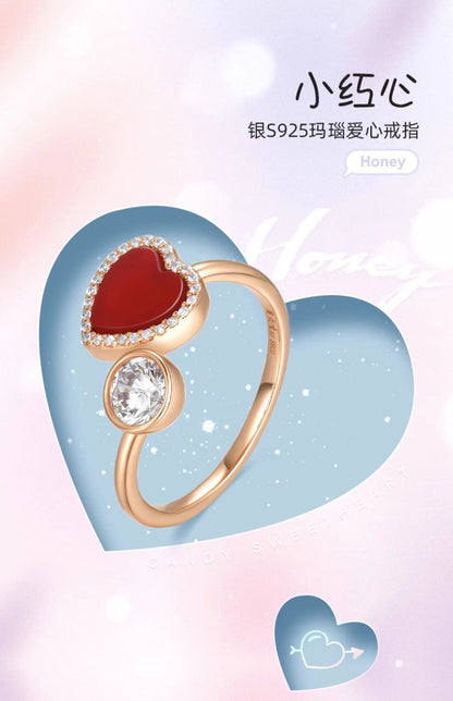 FEELIVE S925 Silver Rose Gold Plated Red Heart Carnelian Sterling Silver Necklace and Ring