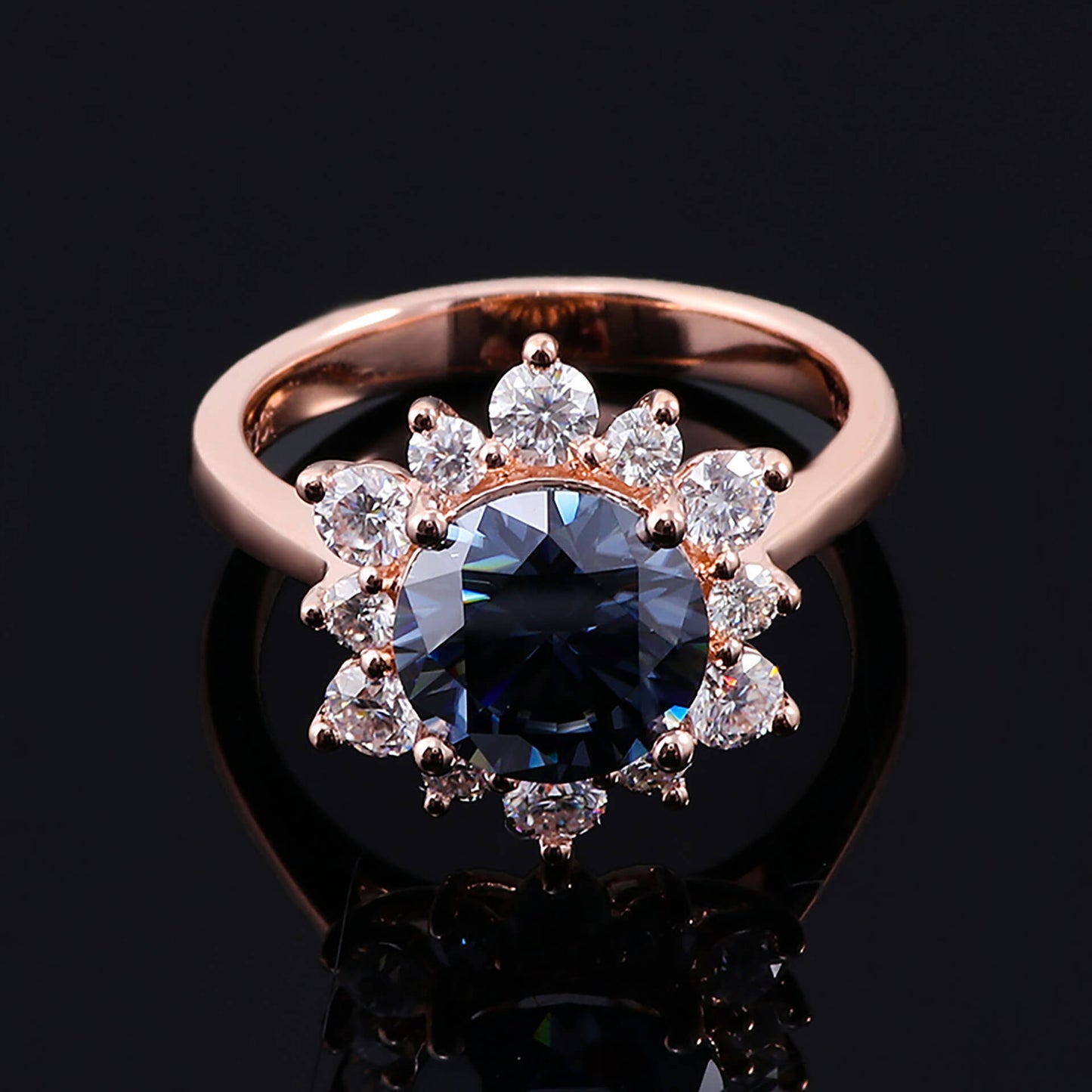 FEELIVE Vintage Blue Sun Moissanite Inlaid 14K Gold Halo Ring (Round Moissanite)