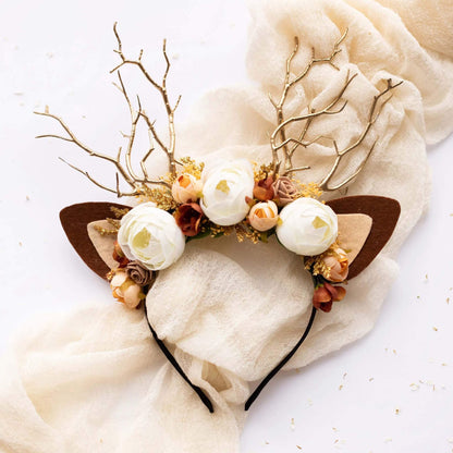 FEELIVE Glowing Simulated Reindeer Antler Cream Rosebud Headband【Free Gift Box】