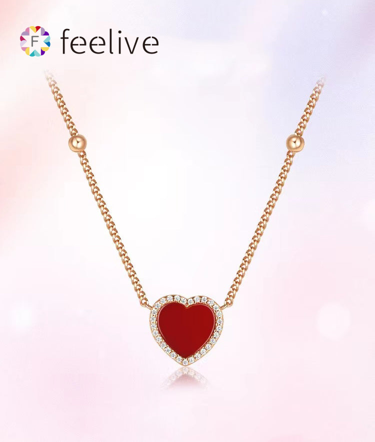 FEELIVE S925 Silver Rose Gold Plated Red Heart Carnelian Sterling Silver Necklace and Ring