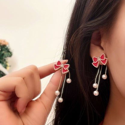 FEELIVE Detachable Sweet Style Red Bow Pearl Tassel Earrings