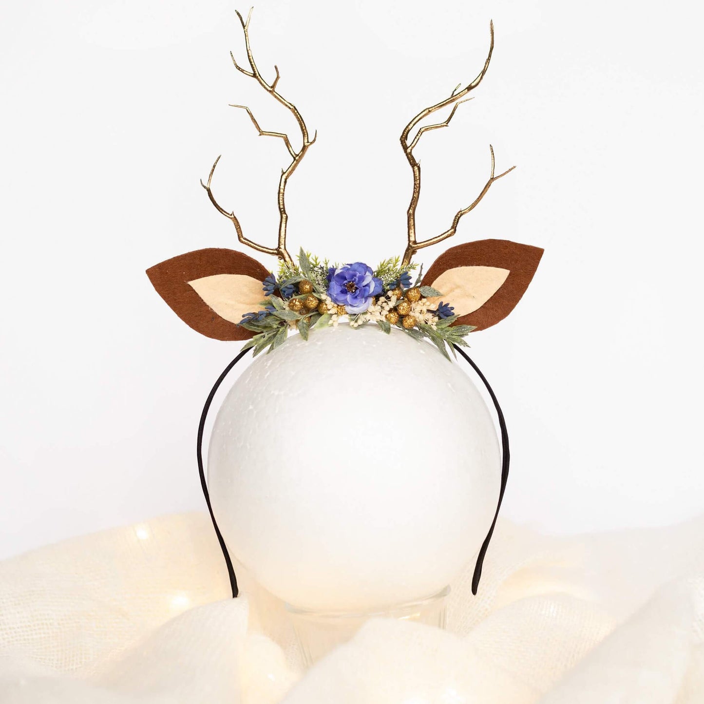 FEELIVE Glowing Simulated Reindeer Antler Navy Pampas Headband【Free Gift Box】