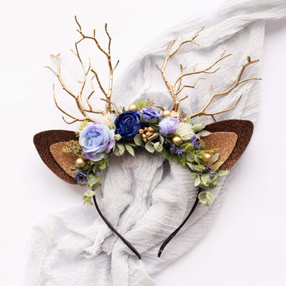 FEELIVE Glowing Simulated Reindeer Antler Navy Roses and Lilacs Headband【Free Gift Box】