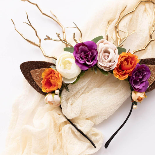 FEELIVE Glowing Simulated Reindeer Antler Lavender Aster & Burnt Orange Headband【Free Gift Box】