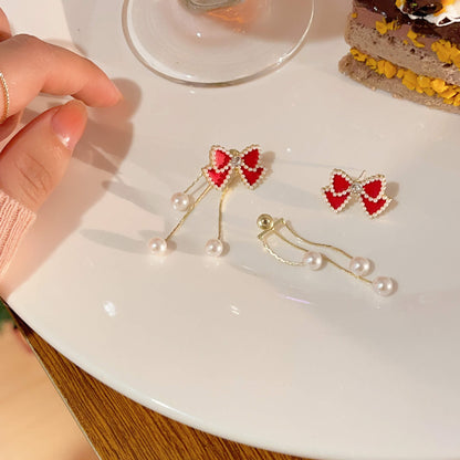 FEELIVE Detachable Sweet Style Red Bow Pearl Tassel Earrings