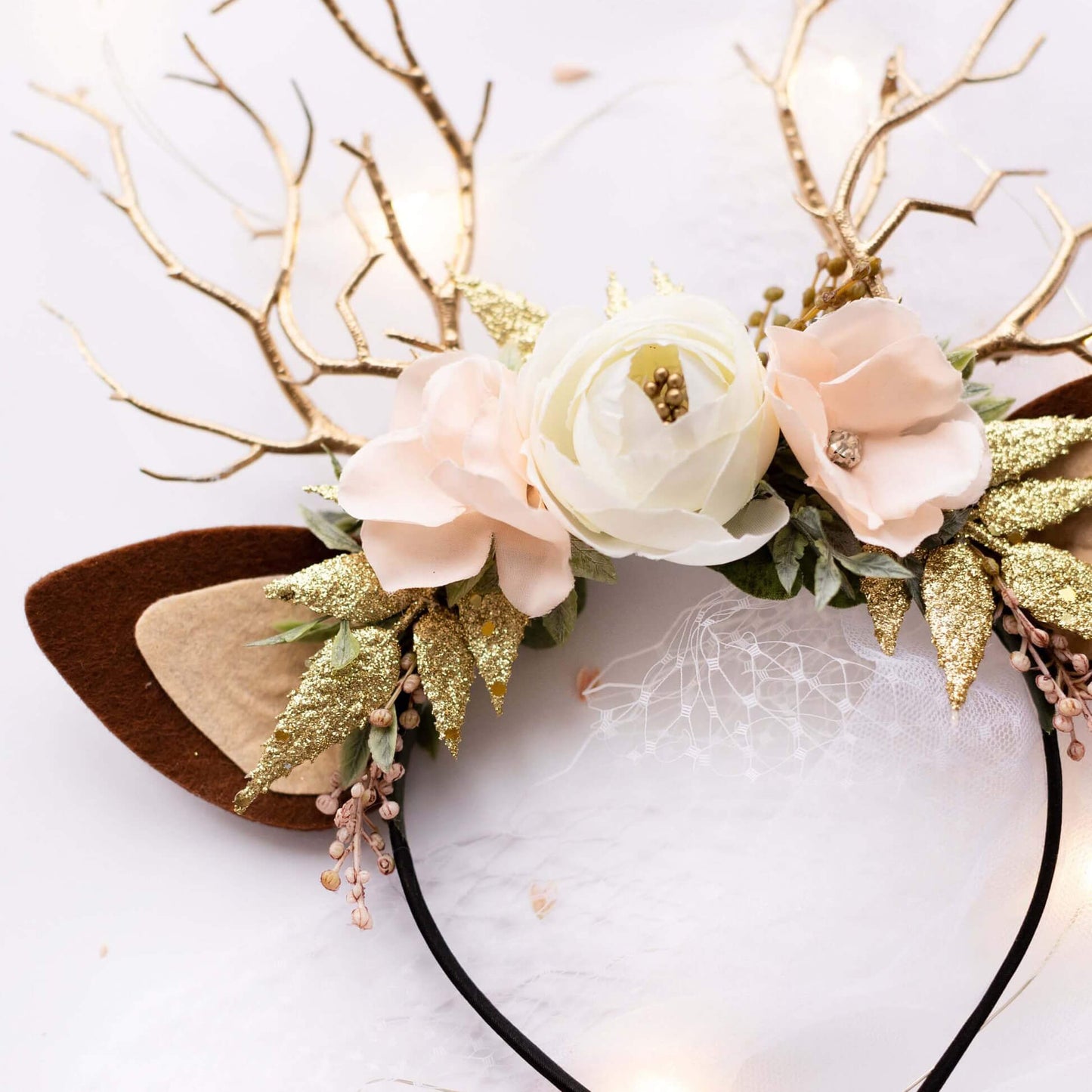 FEELIVE Glowing Simulated Reindeer Antler Rose and Cream Headband【Free Gift Box】