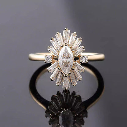 Vintage Style Marquise-cut Moissanite Halo Ring in 10K Gold front