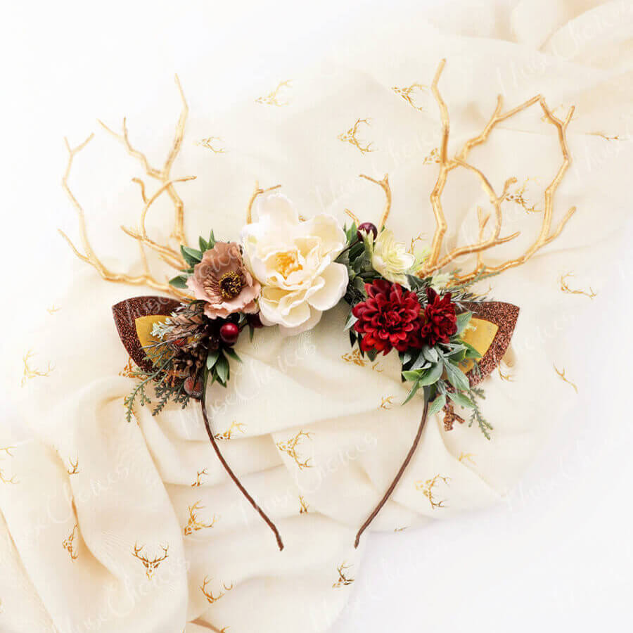 FEELIVE Glowing Simulated Reindeer Antler Faun Flowers Headband【Free Gift Box】