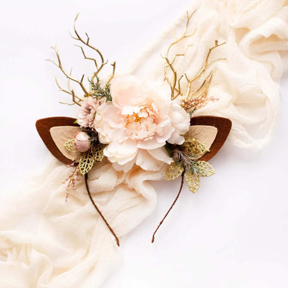 FEELIVE Glowing Simulated Reindeer Antler Garden Blush & Golden Leaves Headband【Free Gift Box】