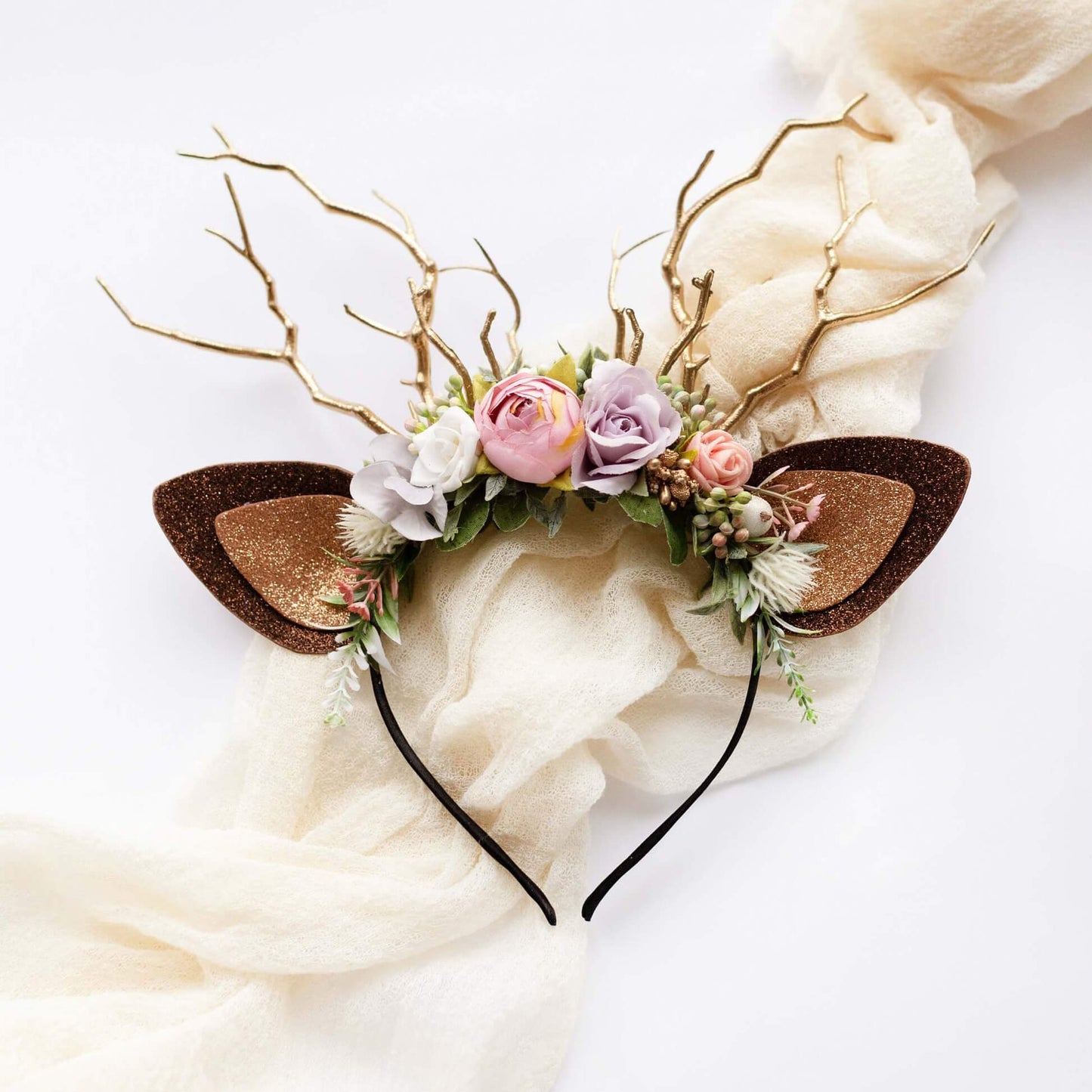 FEELIVE Glowing Simulated Reindeer Antler Lavender Aster & Rose Garden Headband【Free Gift Box】