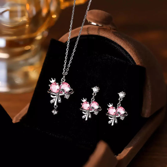 FEELIVE Sweet Girl Pink Heart Bow Zircon Jewelry Set