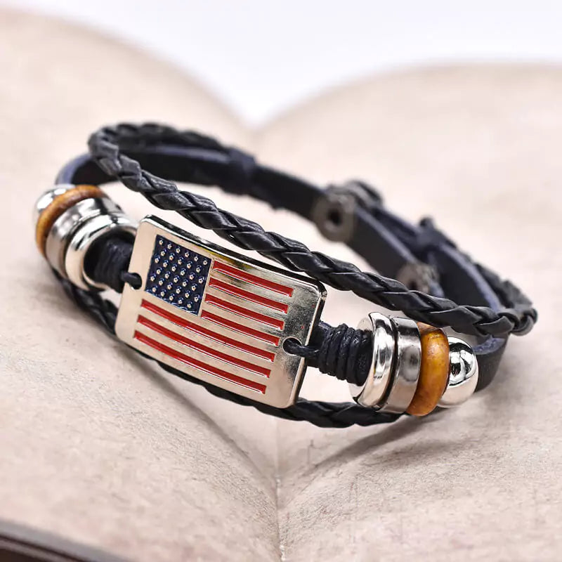 Independence Day Vintage American Flag Snap Buckle Braided Leather Bracelet - Feelive