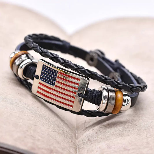 Independence Day Vintage American Flag Snap Buckle Braided Leather Bracelet - Feelive