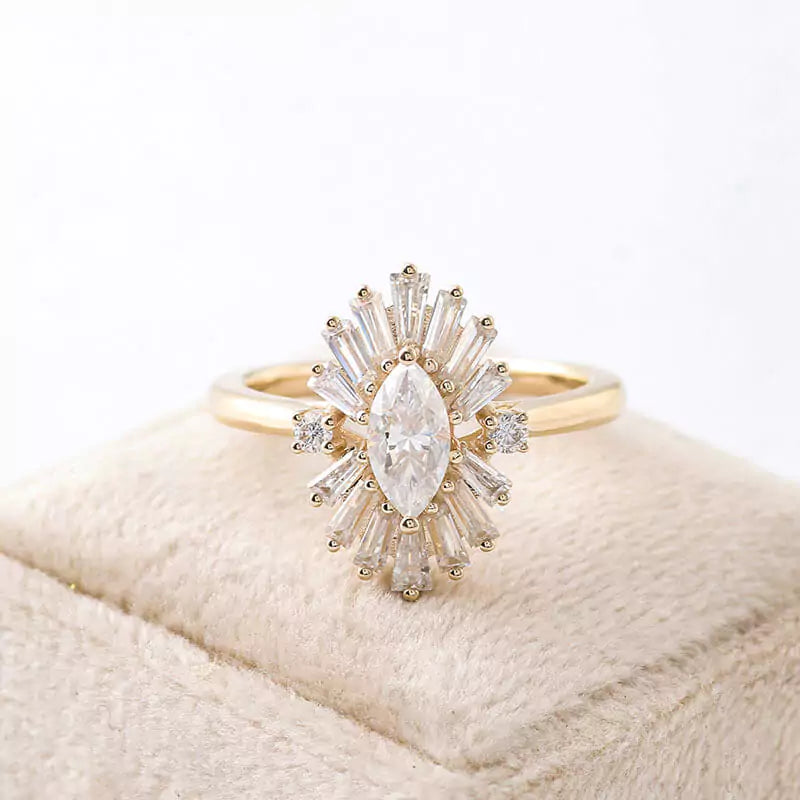 Vintage Style Marquise-cut Moissanite Halo Ring in 10K Gold