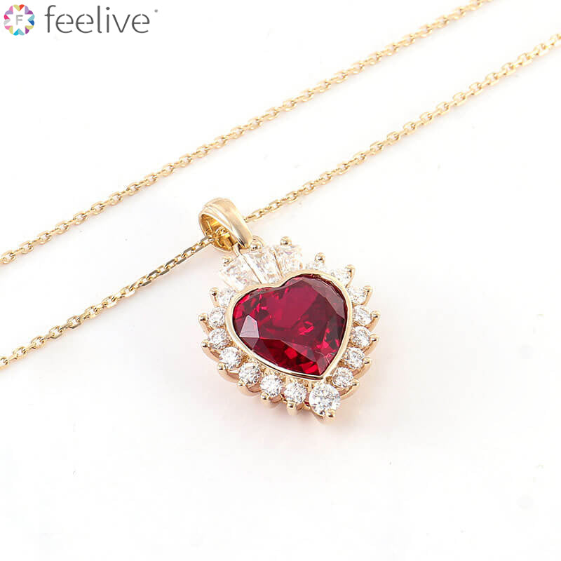 FEELIVE Vintage Red Heart Moissanite Halo Necklace (Heart Moissanite)