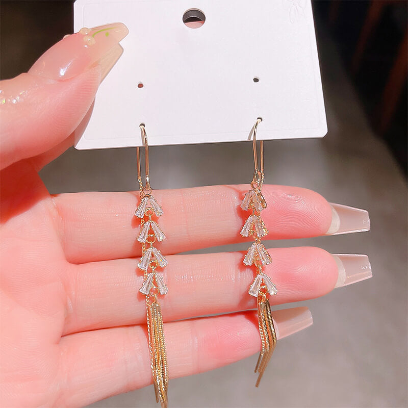 FEELIVE Elegant Style Wheat Tassel Zircon Long Threader Earrings