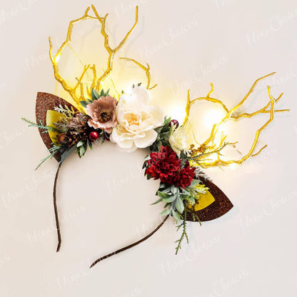 FEELIVE Glowing Simulated Reindeer Antler Faun Flowers Headband【Free Gift Box】