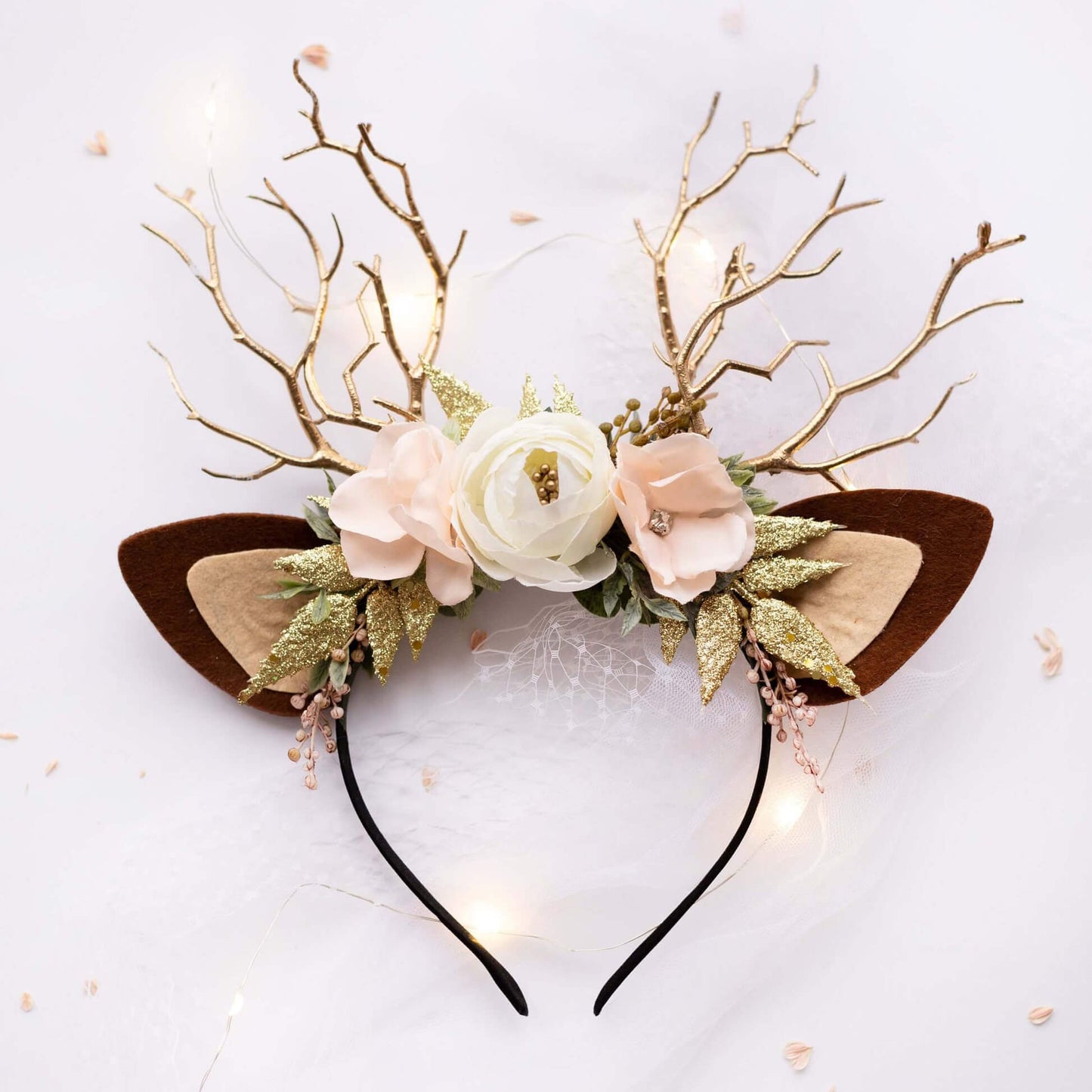 FEELIVE Glowing Simulated Reindeer Antler Rose and Cream Headband【Free Gift Box】