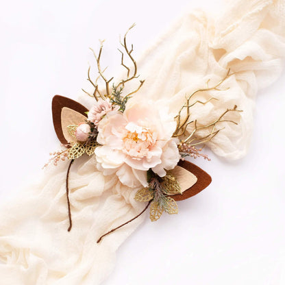 FEELIVE Glowing Simulated Reindeer Antler Garden Blush & Golden Leaves Headband【Free Gift Box】