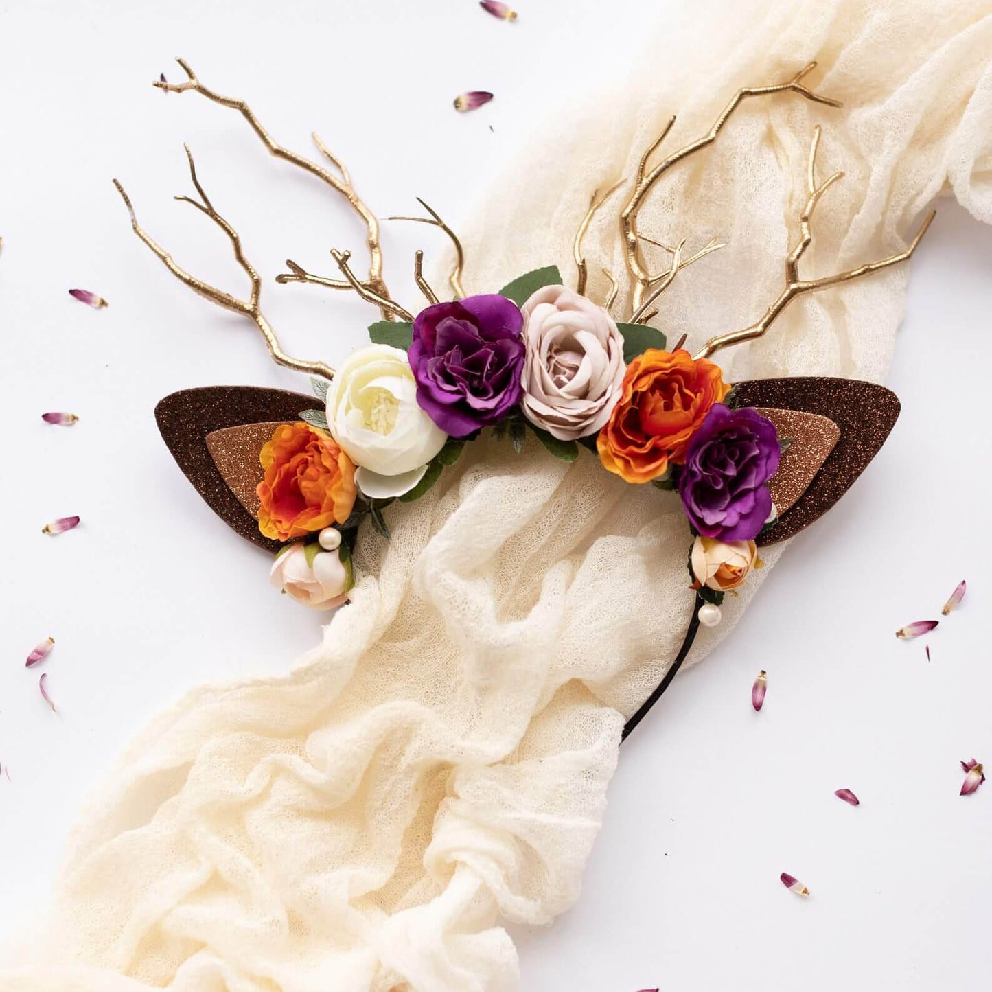 FEELIVE Glowing Simulated Reindeer Antler Lavender Aster & Burnt Orange Headband【Free Gift Box】