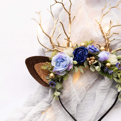 FEELIVE Glowing Simulated Reindeer Antler Navy Roses and Lilacs Headband【Free Gift Box】