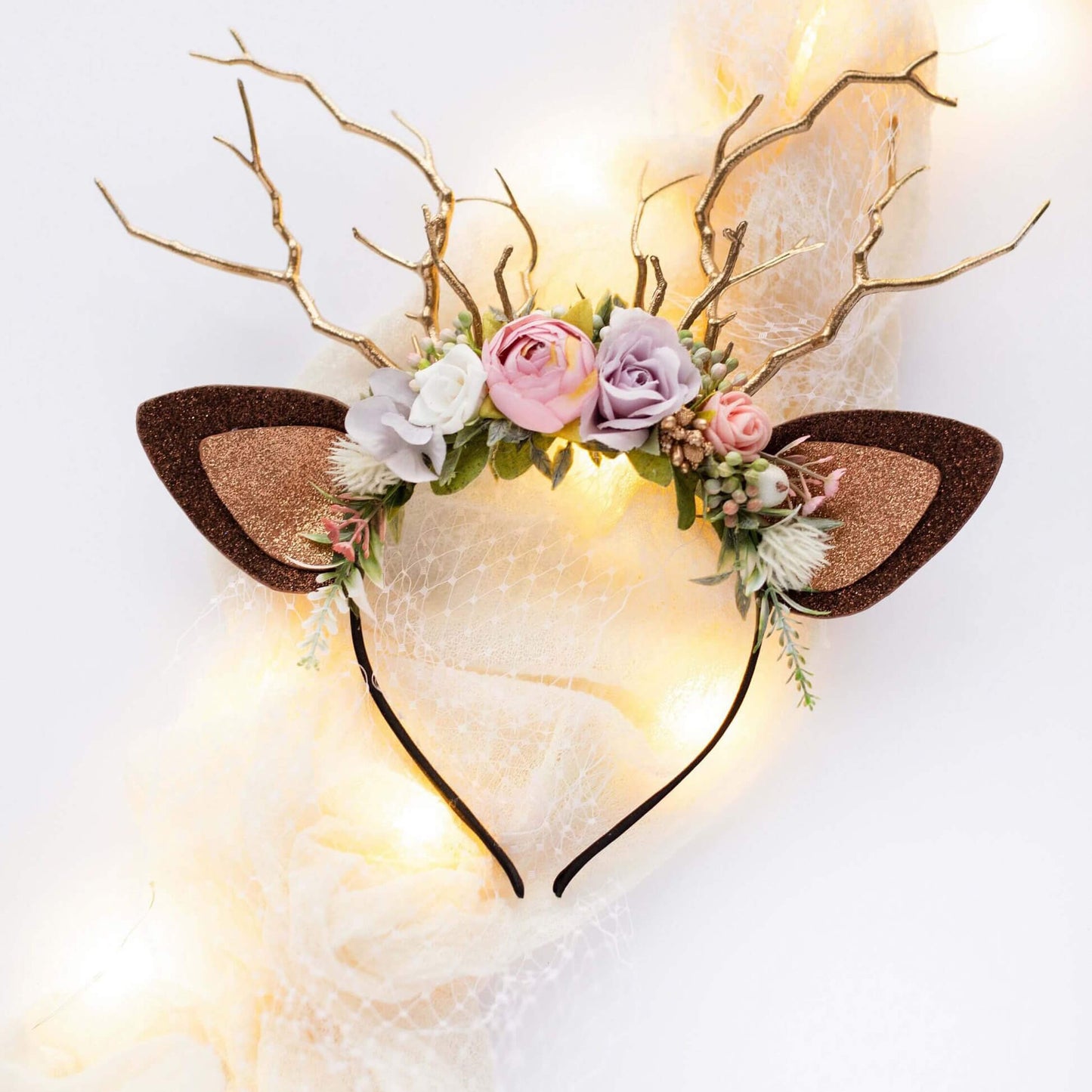 FEELIVE Glowing Simulated Reindeer Antler Lavender Aster & Rose Garden Headband【Free Gift Box】