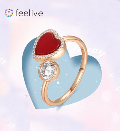 FEELIVE S925 Silver Rose Gold Plated Red Heart Carnelian Sterling Silver Necklace and Ring