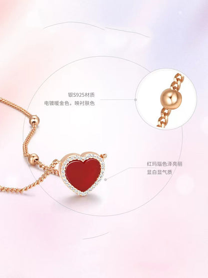 FEELIVE S925 Silver Rose Gold Plated Red Heart Carnelian Sterling Silver Necklace and Ring