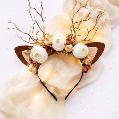 FEELIVE Glowing Simulated Reindeer Antler Cream Rosebud Headband【Free Gift Box】