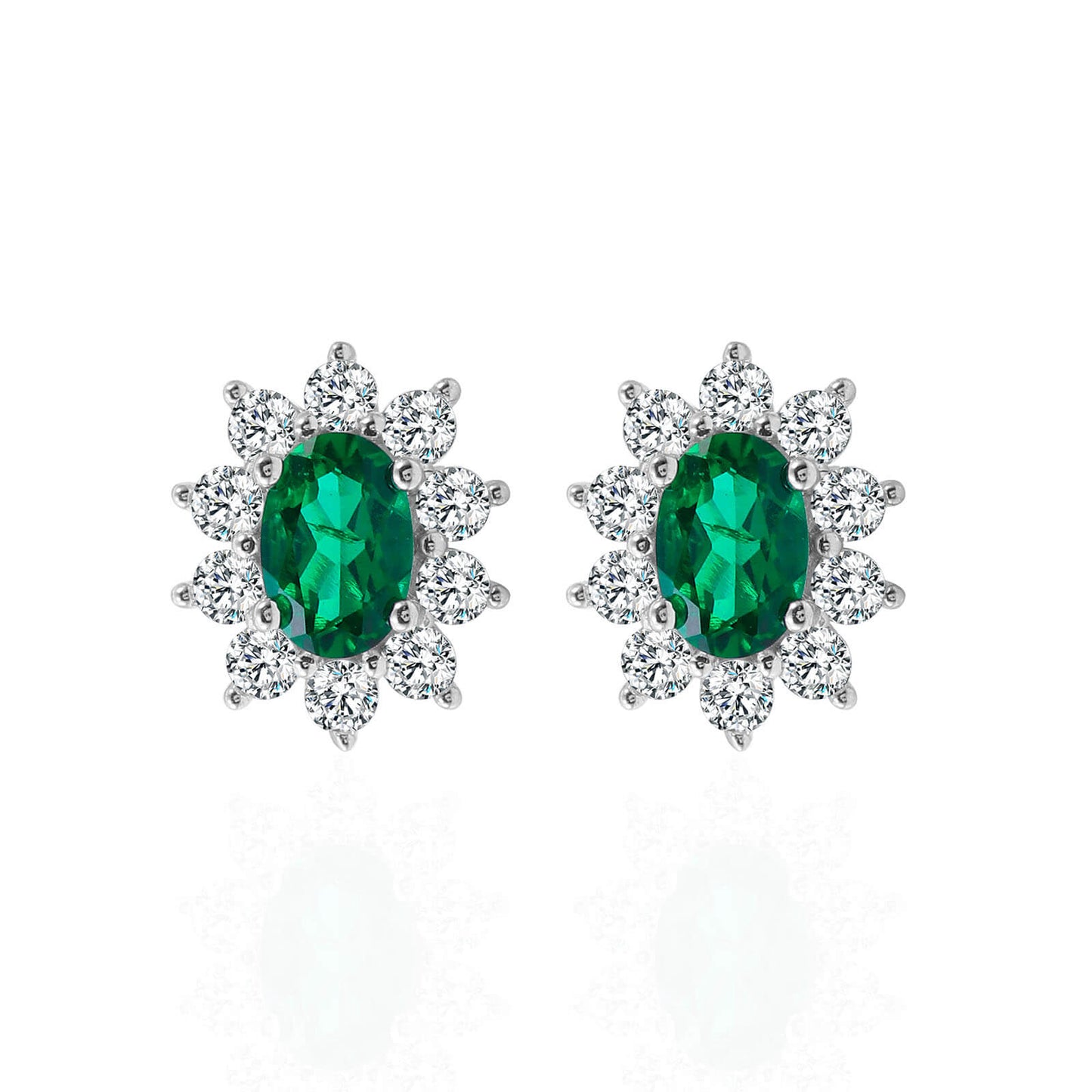 Oval Flower Lab Created Emerald Earrings in Sterling Silver - Feelive