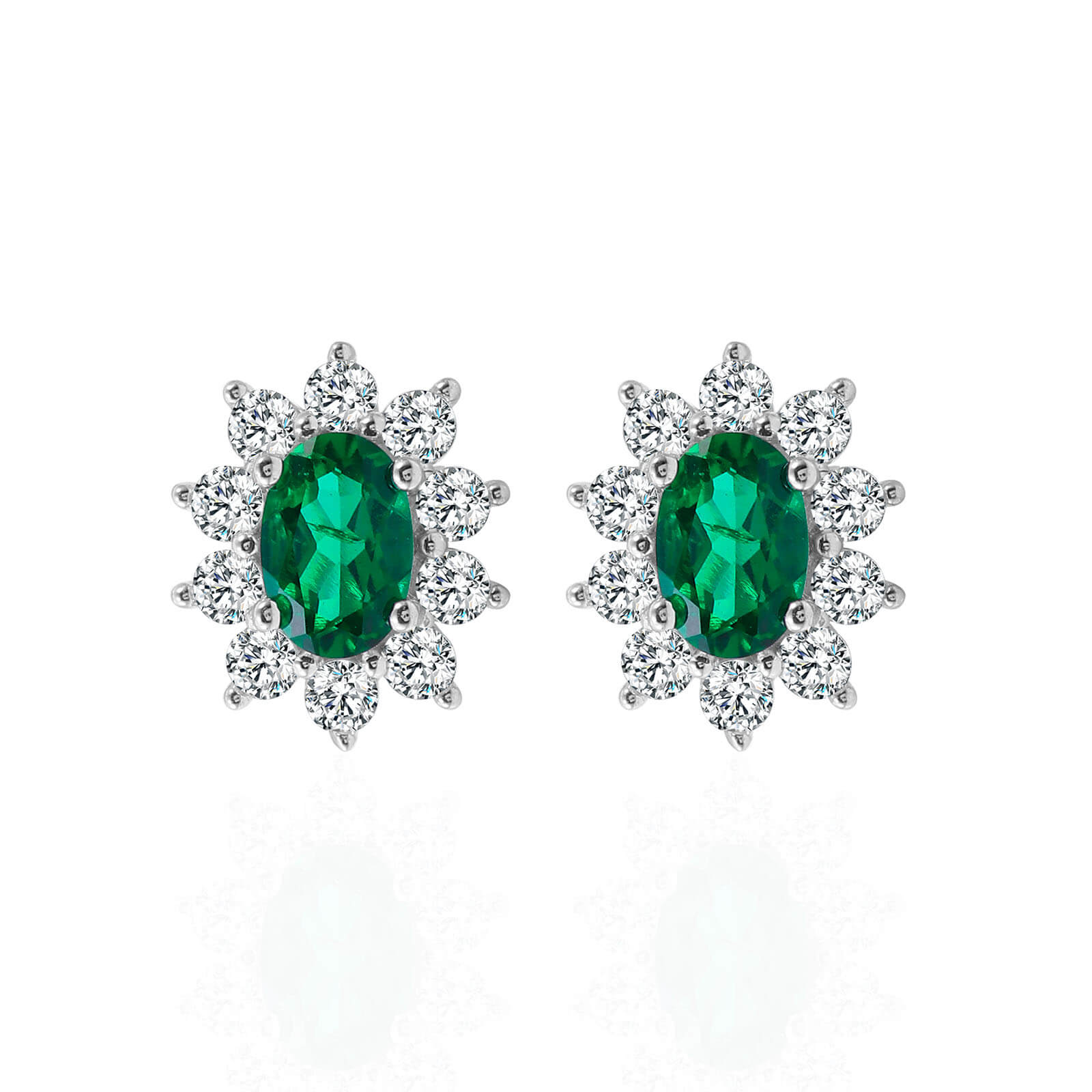 Oval Flower Lab Created Emerald Earrings in Sterling Silver - Feelive