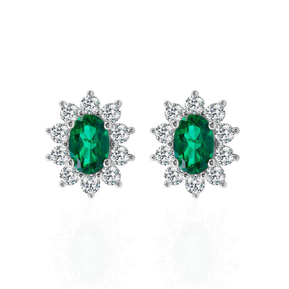 Oval Flower Lab Created Emerald Earrings in Sterling Silver - Feelive