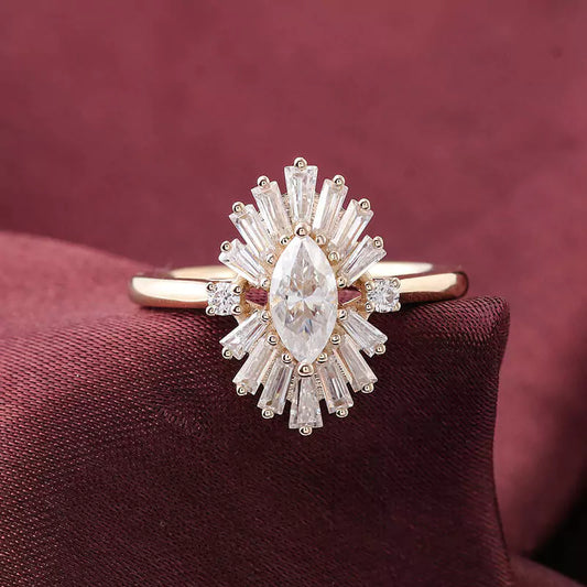 Vintage Style Marquise-cut Moissanite Halo Ring in 10K Gold 