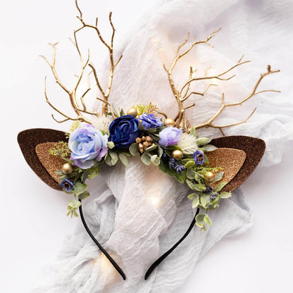 FEELIVE Glowing Simulated Reindeer Antler Navy Roses and Lilacs Headband【Free Gift Box】