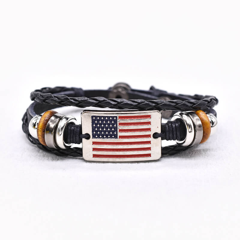 Independence Day Vintage American Flag Snap Buckle Braided Leather Bracelet