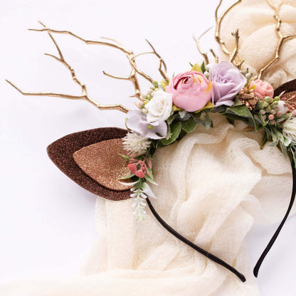 FEELIVE Glowing Simulated Reindeer Antler Lavender Aster & Rose Garden Headband【Free Gift Box】