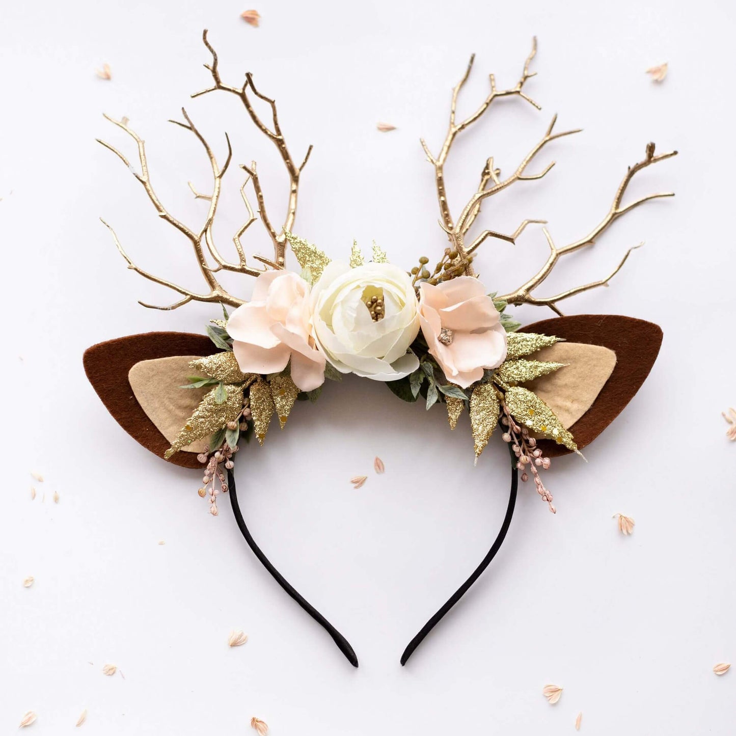 FEELIVE Glowing Simulated Reindeer Antler Rose and Cream Headband【Free Gift Box】