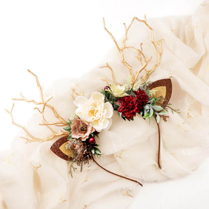 FEELIVE Glowing Simulated Reindeer Antler Faun Flowers Headband【Free Gift Box】