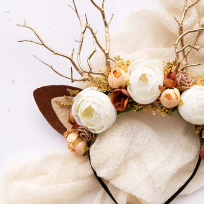 FEELIVE Glowing Simulated Reindeer Antler Cream Rosebud Headband【Free Gift Box】