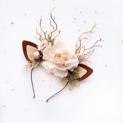 FEELIVE Glowing Simulated Reindeer Antler Garden Blush & Golden Leaves Headband【Free Gift Box】