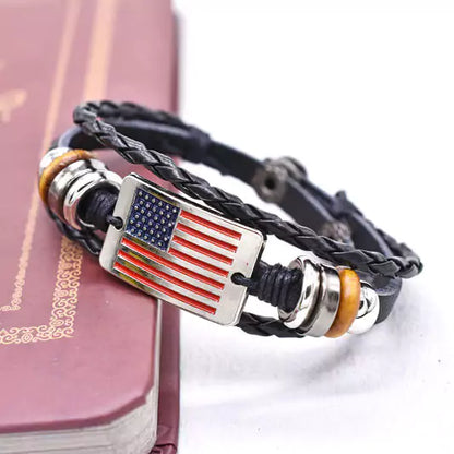 Independence Day Vintage American Flag Snap Buckle Braided Leather Bracelet - Feelive