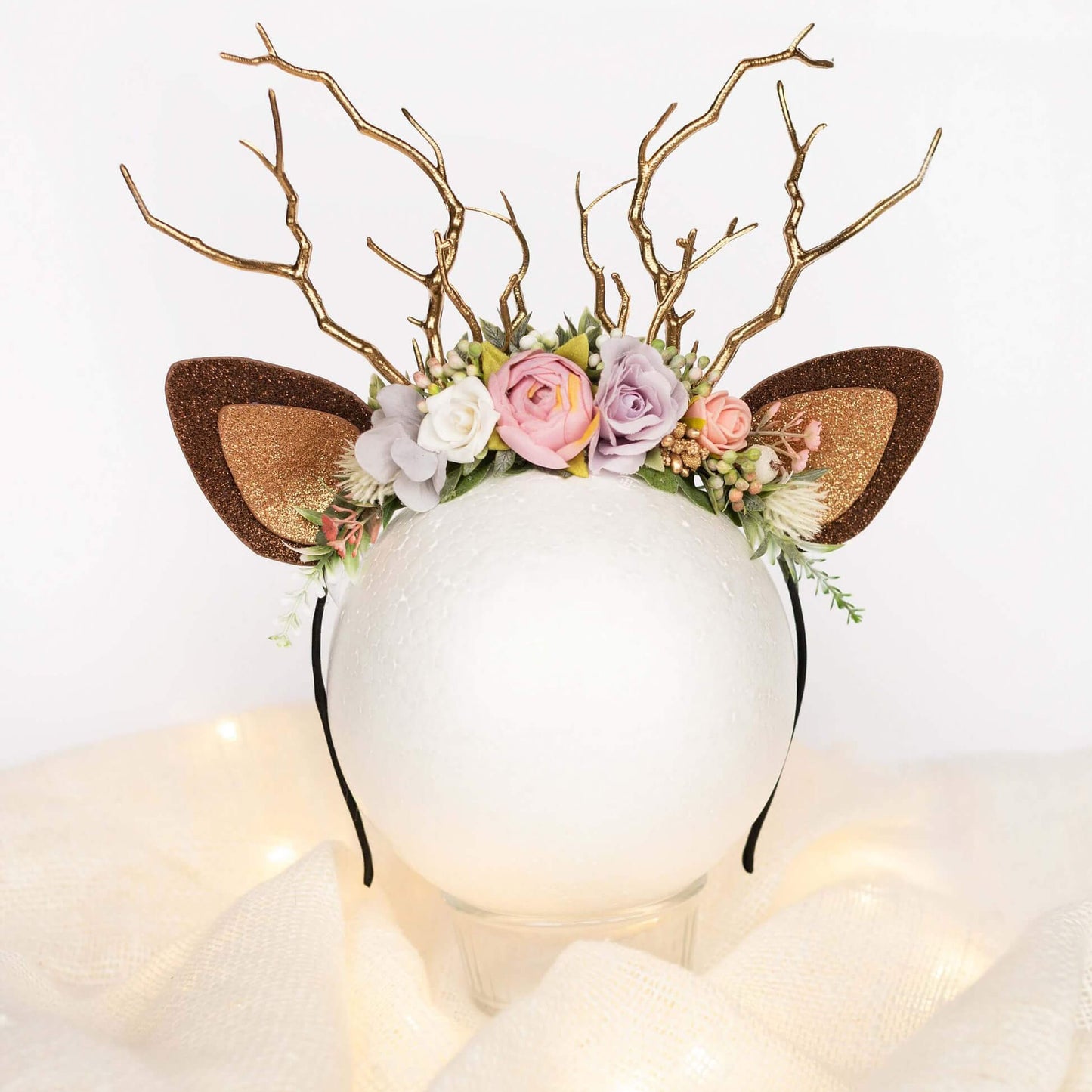 FEELIVE Glowing Simulated Reindeer Antler Lavender Aster & Rose Garden Headband【Free Gift Box】