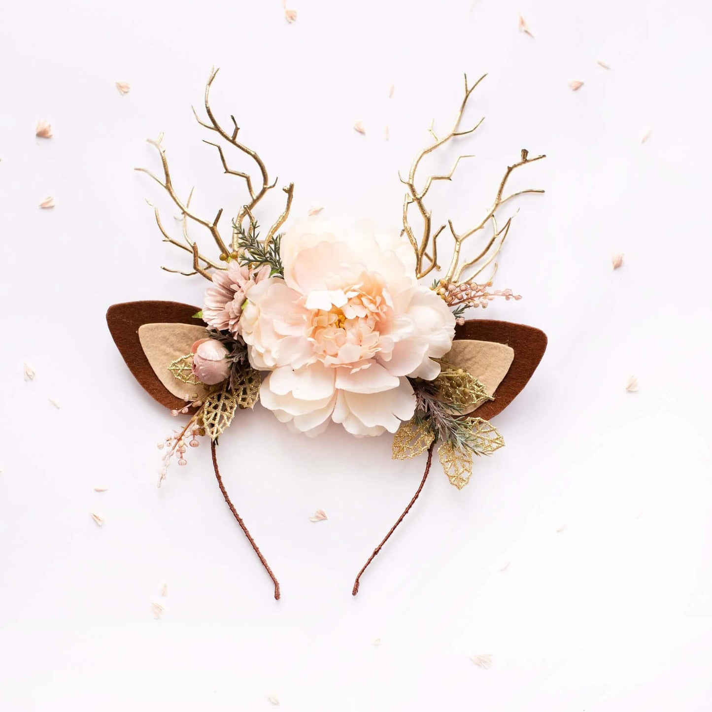 FEELIVE Glowing Simulated Reindeer Antler Garden Blush & Golden Leaves Headband【Free Gift Box】