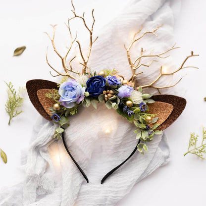 FEELIVE Glowing Simulated Reindeer Antler Navy Roses and Lilacs Headband【Free Gift Box】